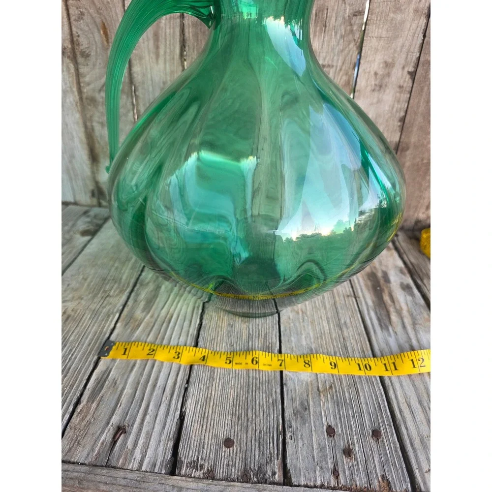 Vintage Emerald Green Hand Blown Glass Pitcher Optic Rib Mid Century Modern 15